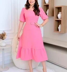 Vestido Nathalia Em Tecido Crepe Rosa Maria Amore Primavera/Verão 2026